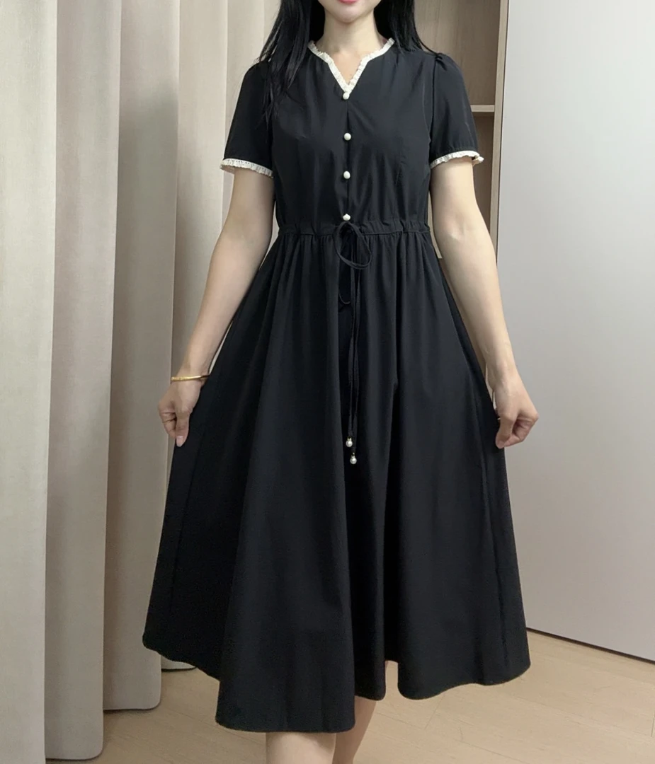 修身显瘦气质连衣裙赫本风中长款遮肚时尚黑色裙子