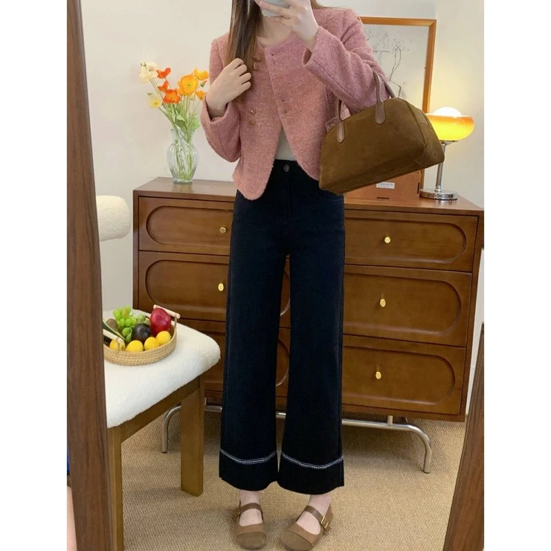 大码冬季款黑色刺绣花边加绒遮肉显瘦女牛仔裤梨形身材九分直筒裤