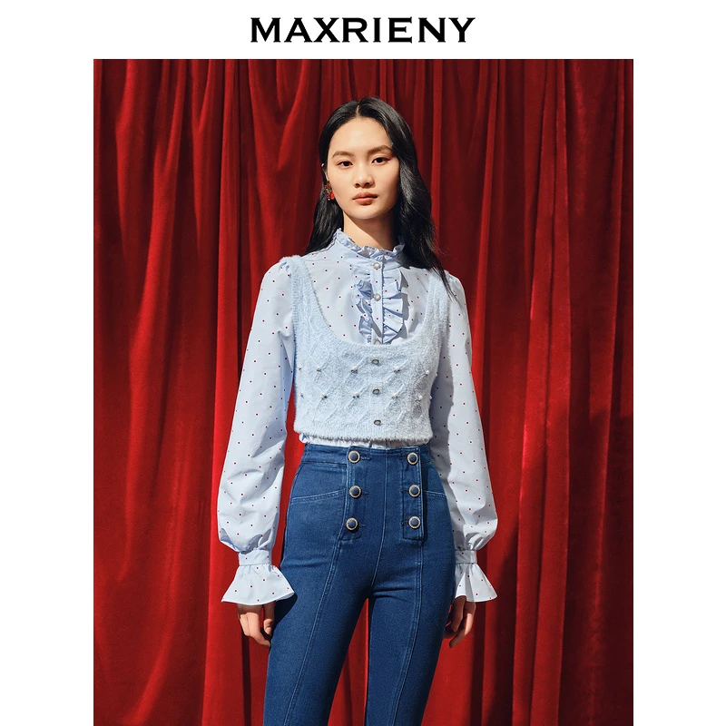 【蜜思仝】MAXRIENY复古宫廷感植绒波点衬衫修身上衣