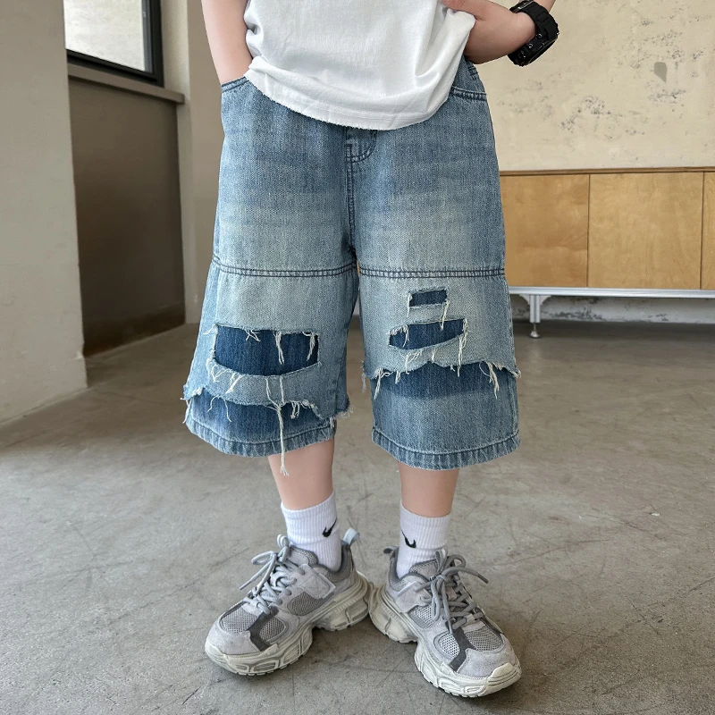 男童夏季破洞牛仔裤韩版时尚潮酷短裤2025新款中大童夏装五分中裤