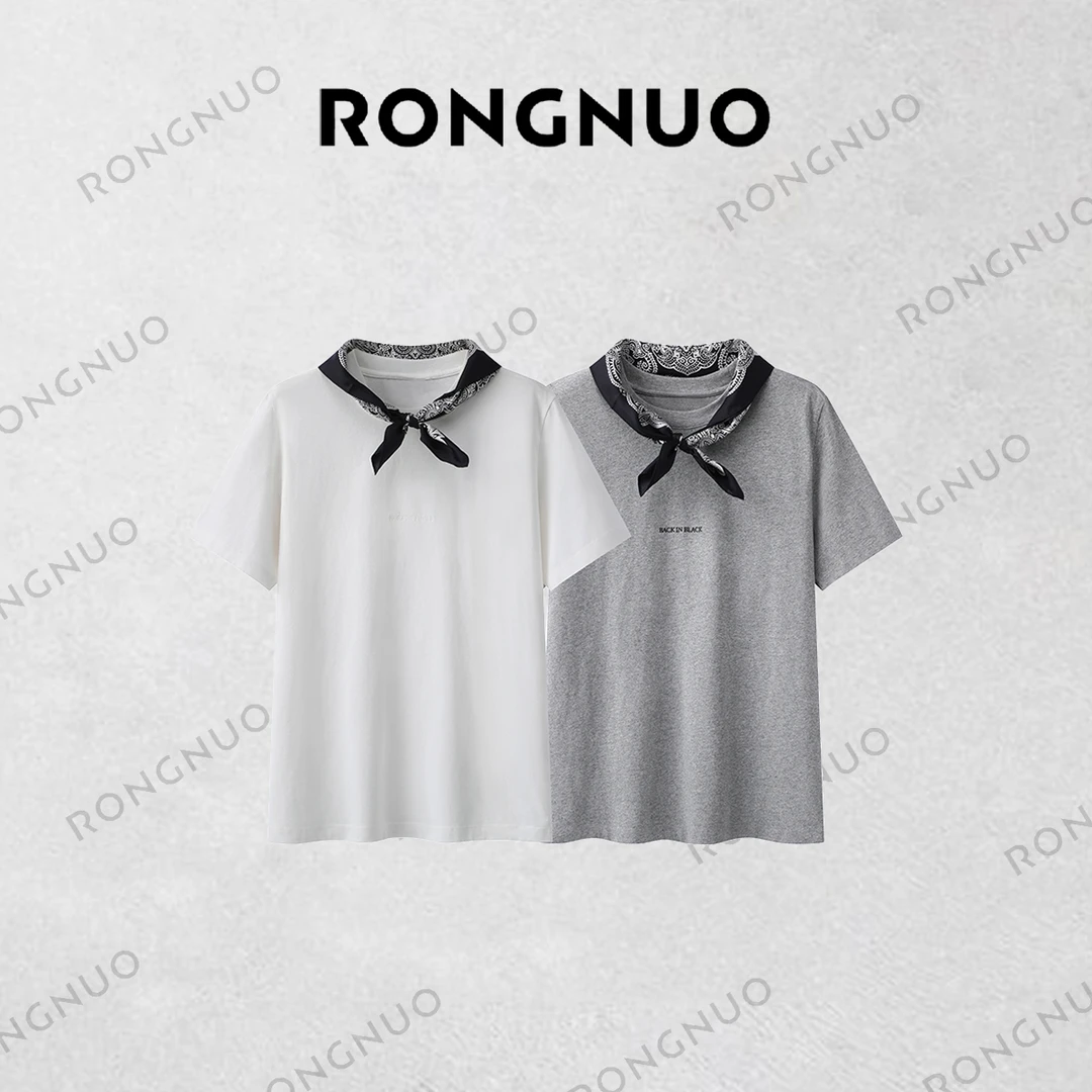 容诺【M】短袖T恤2025年春季丝巾装饰纯棉百搭显瘦上衣U5287