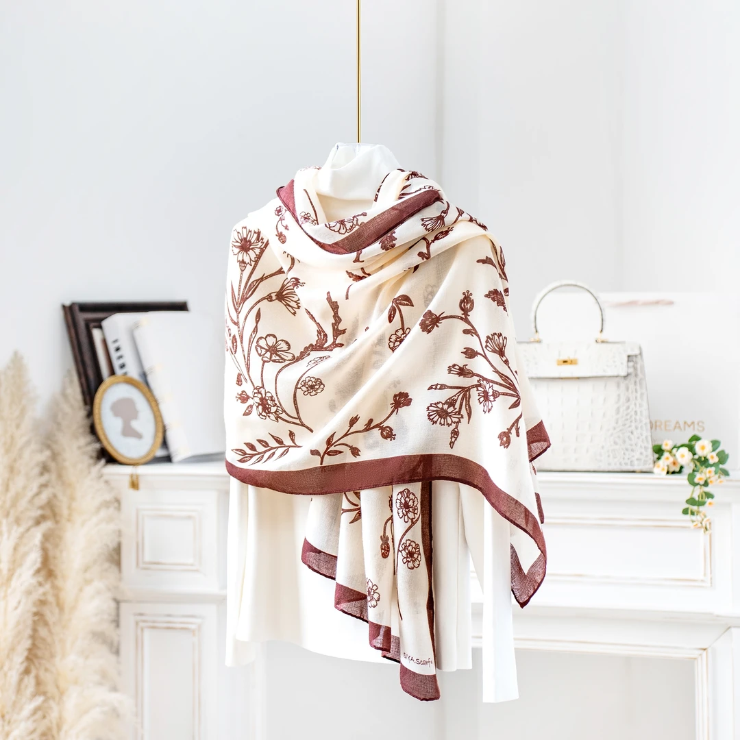 达芬奇密码2025春夏绵长巾160*80cm爆款细枝花叶气质百搭披肩