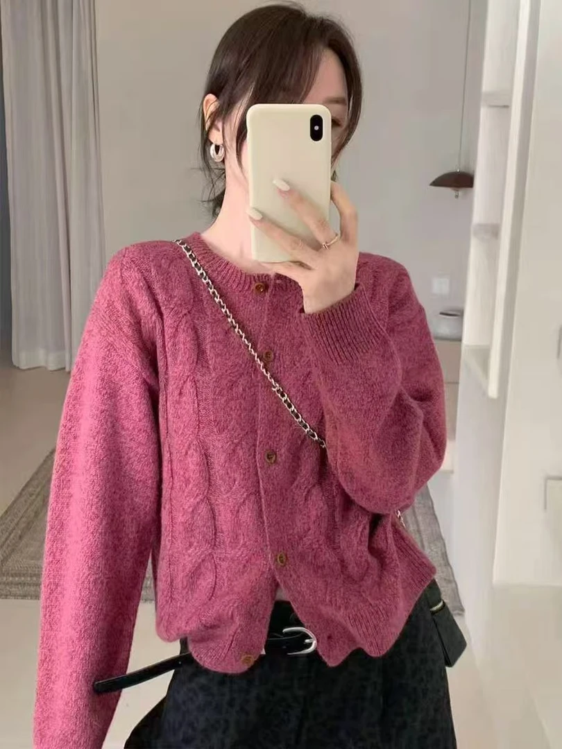 【俪宝】超甜树莓 巨显白韩感懒懒~重工编织花纱加厚麻花羊毛衫开衫