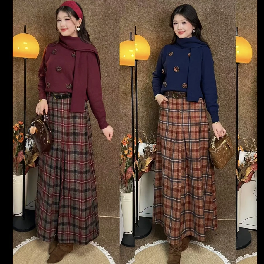 Rayhon秋冬复古格纹绵高腰显瘦围裹式百褶半身裙气质百搭中长裙