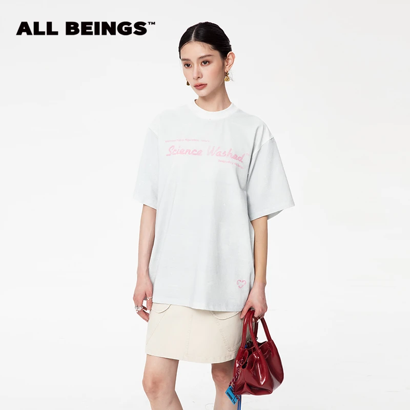 ALL BEINGS25年春夏设计师新款"科学洗水"浅灰字母印花时尚T恤