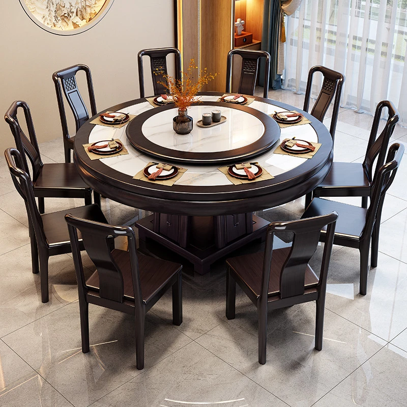 实木餐桌新中式圆形岩板饭桌椅组合家用饭店大圆桌带转盘吃饭