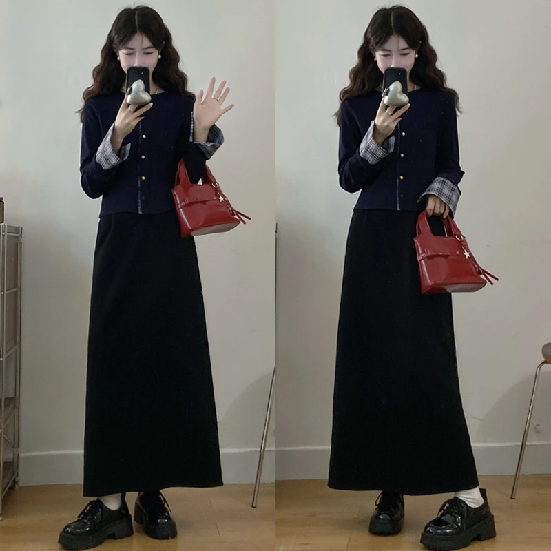 大码胖mm女装韩系学院风假两件拼接秋冬显瘦上衣半身裙两件套装女