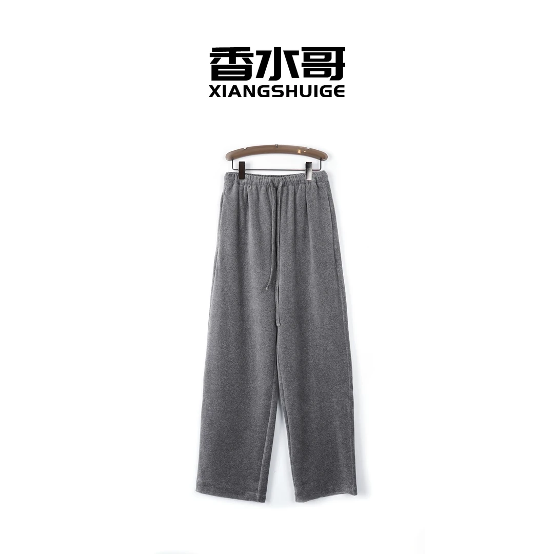 春季新品2025时尚松紧腰抽绳休闲裤保暖绒感舒适直筒裤纯色阔腿裤