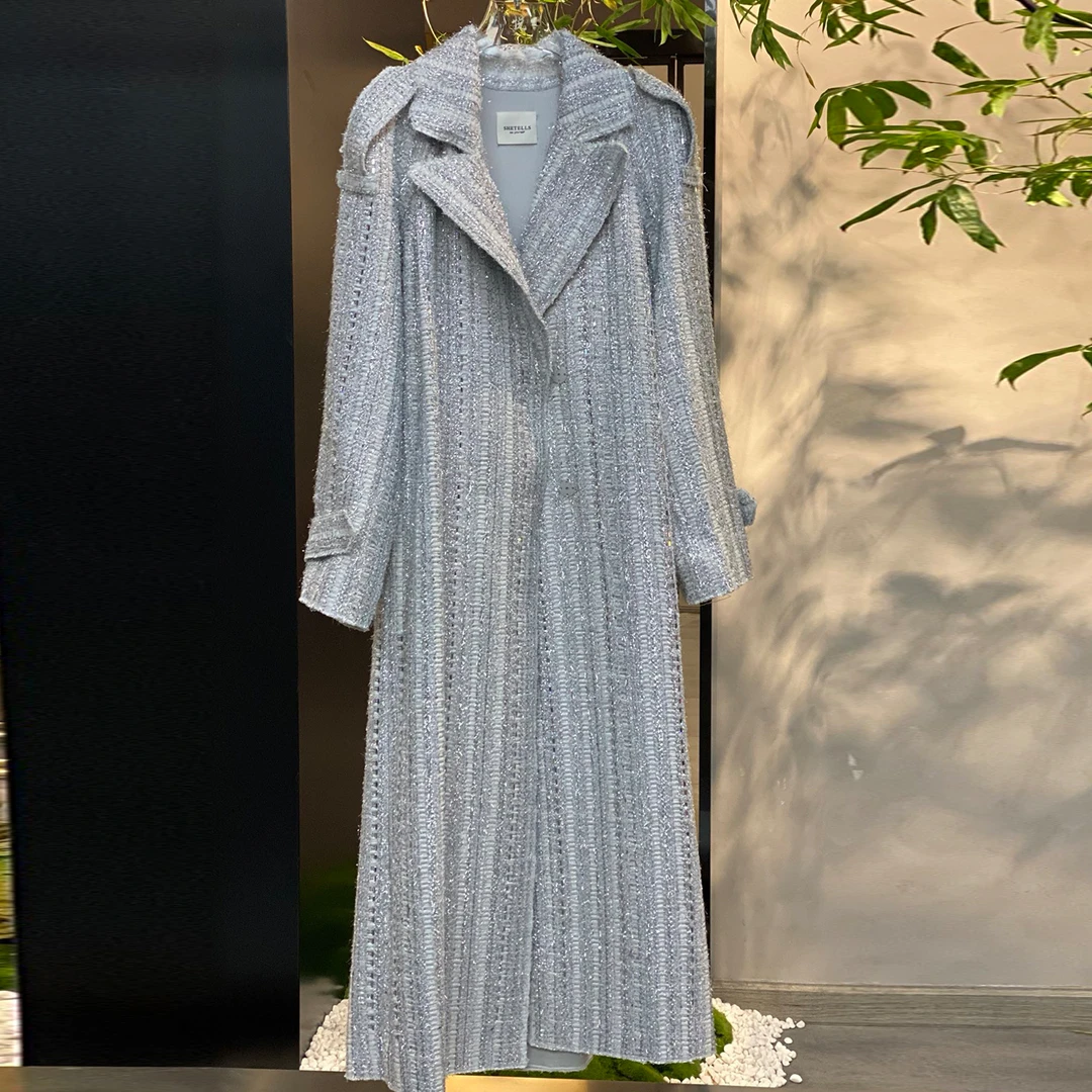 设计师品牌SHETELLS 25AW 百搭银装素裹重工烫钻长款大衣外套