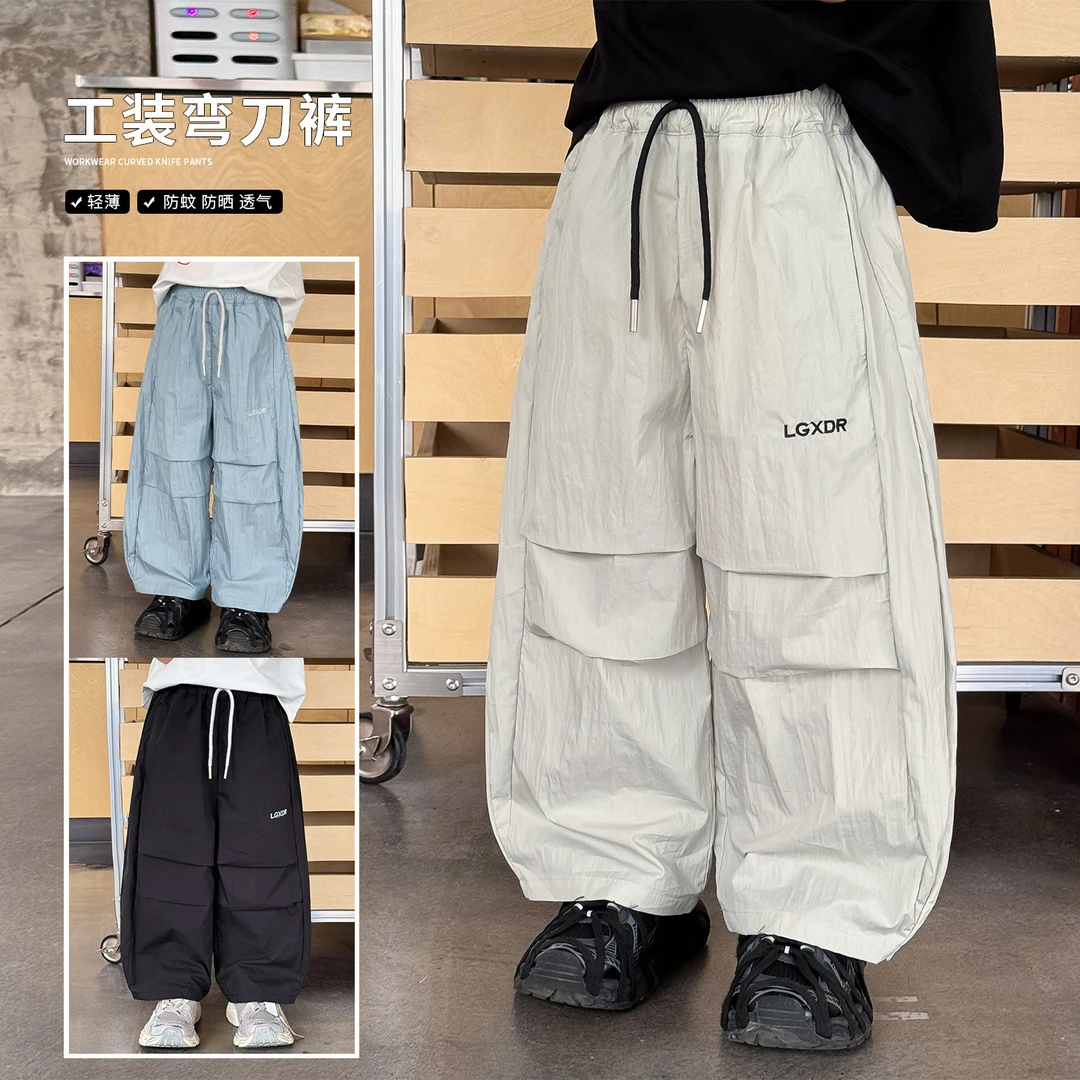 AX5129棉小班童装儿童绣花订绳弯刀裤夏季男童薄款百搭长裤防蚊裤