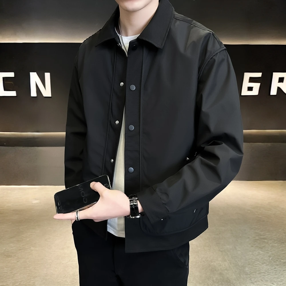 爆款拼接秋装翻领外套男士春秋季新款潮流修身轻熟风夹克褂子