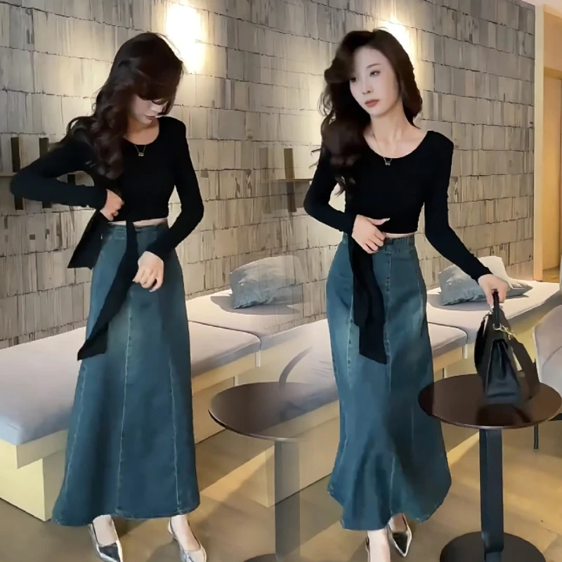 复古气质设计感牛仔A字半身裙女2025春季新款打底修身上衣女装