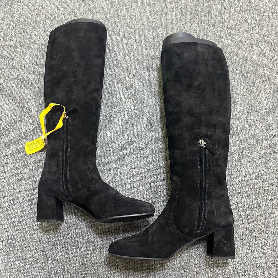 95新 Prada/普拉达 绒面粗跟高跟鞋长靴 35.5码/10320