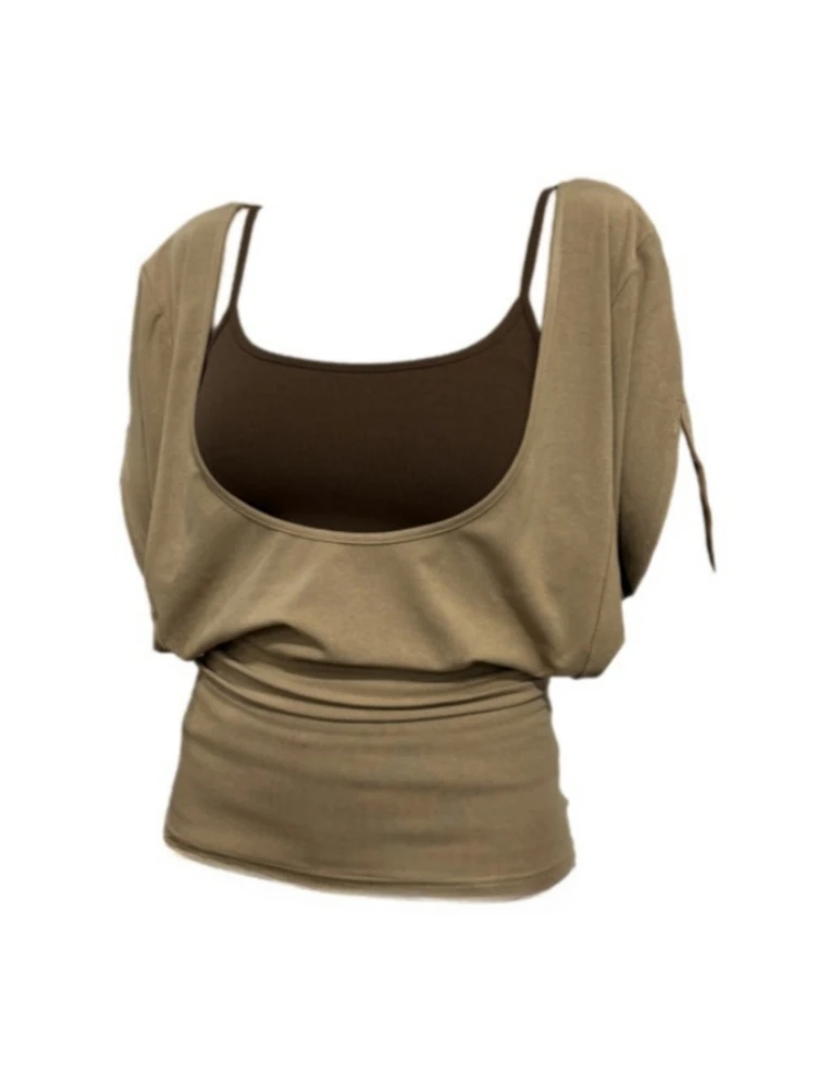 欧若慵懒风宽松大U领蝙蝠袖T恤罩衫+吊带背心两件套辣妹显瘦套装