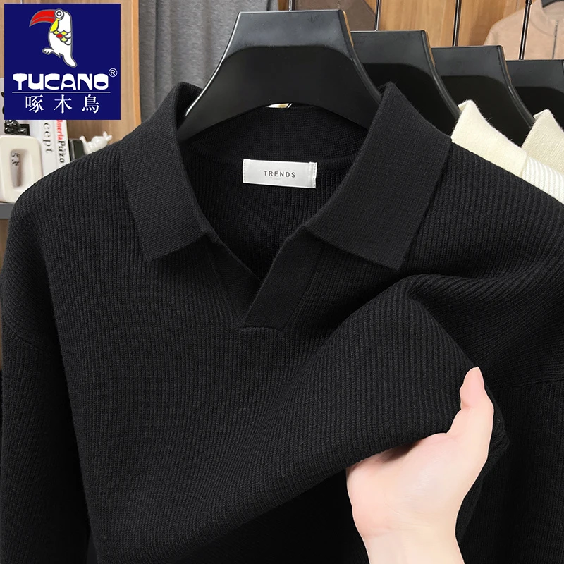 啄木鸟2025男士时尚简约毛衣秋冬款翻领套头针织衫宽松休闲打底衫