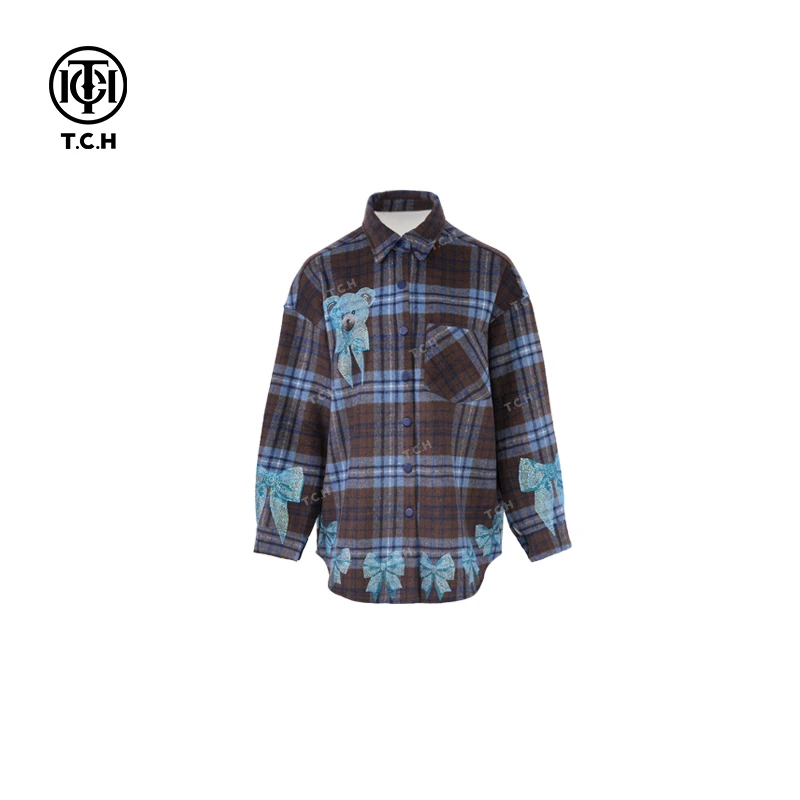 TCH私服烫钻工艺蓝格子小熊蝴蝶结洋气衬衫女T72C43E5105轻奢tch
