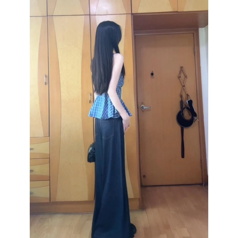 纯欲风掐腰显瘦蓝色格子吊带背心女夏季辣妹性感V领修身无袖上衣