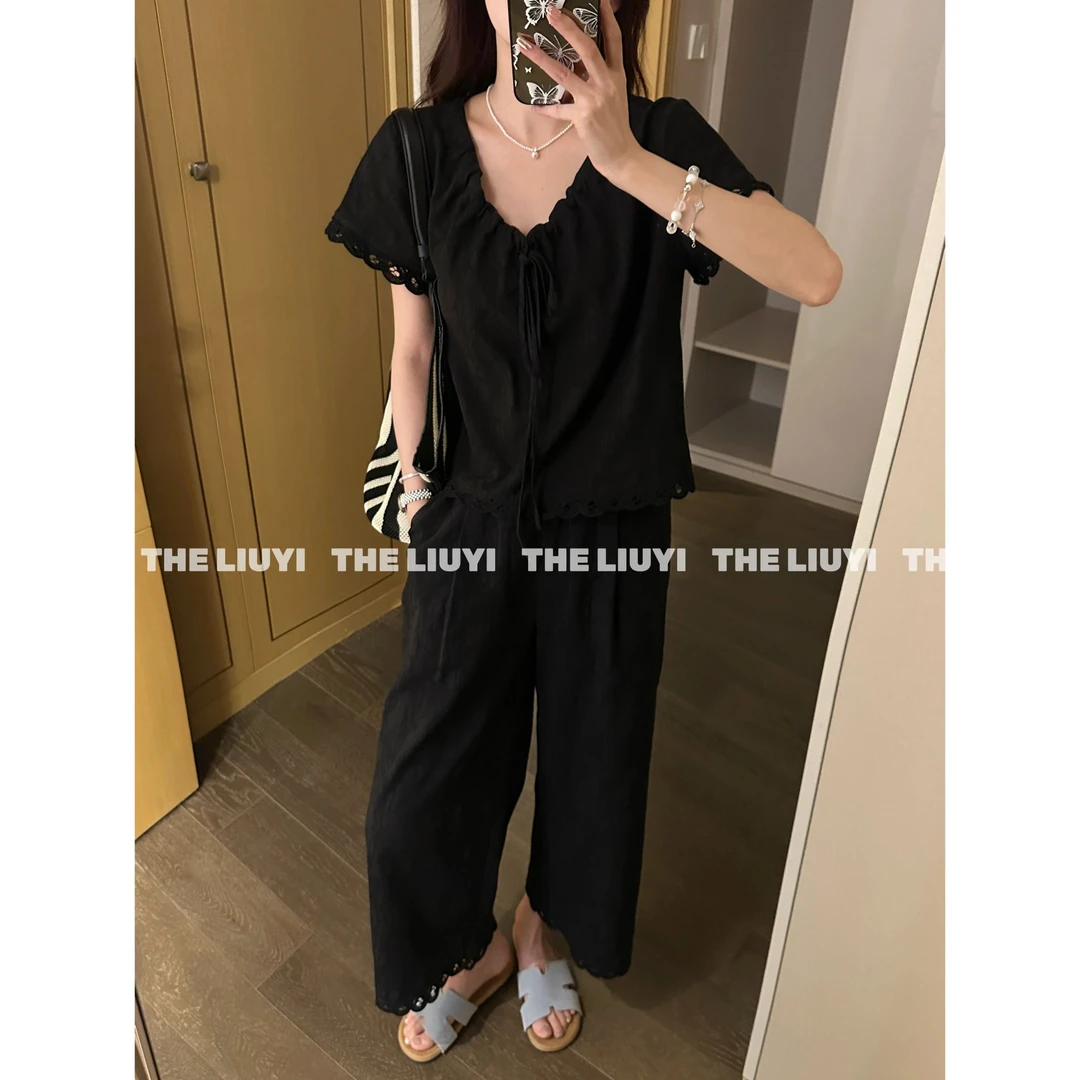 【LIUYI】空谷套装~夏季全棉V领小衫+花边九分直筒裤55305