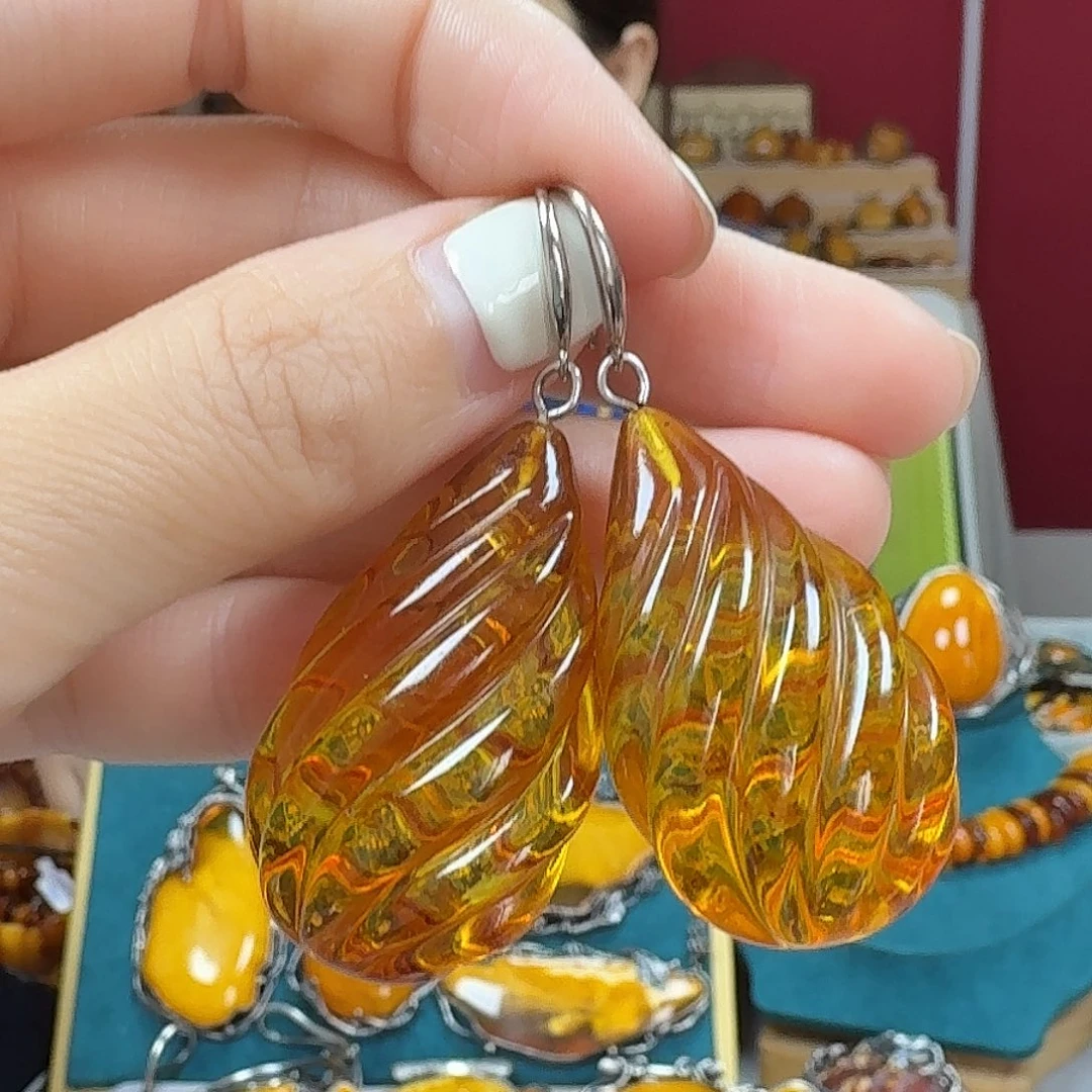 琥珀银S925镶嵌耳饰耳坠