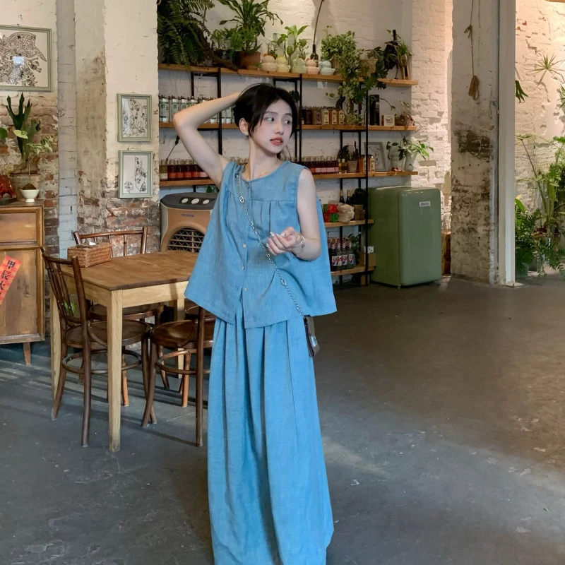 X5200#气质小众无袖背心苎麻A字半身裙慵懒风套装