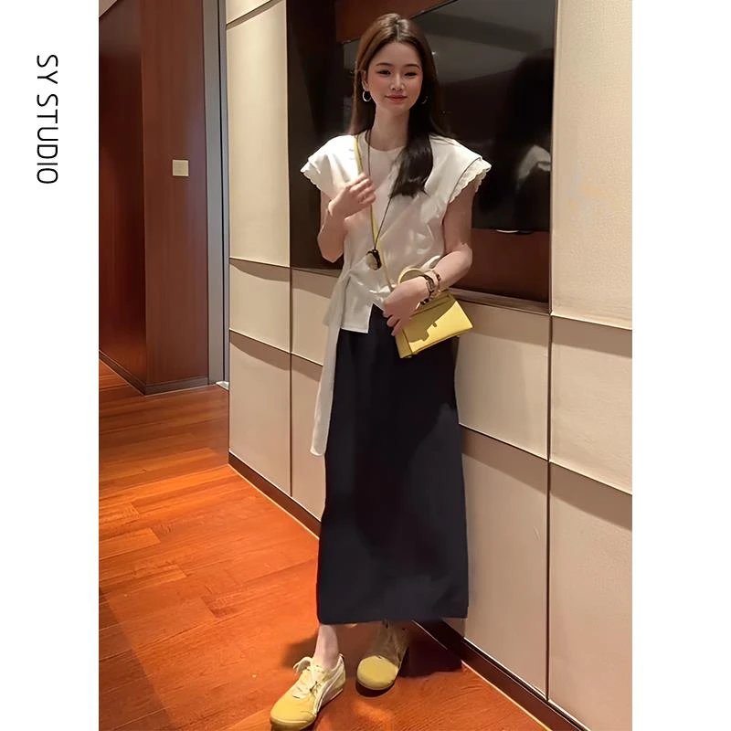 VOCKOO官方大方得体穿搭两件套设计感拼接蕾丝花边小飞袖t恤百搭