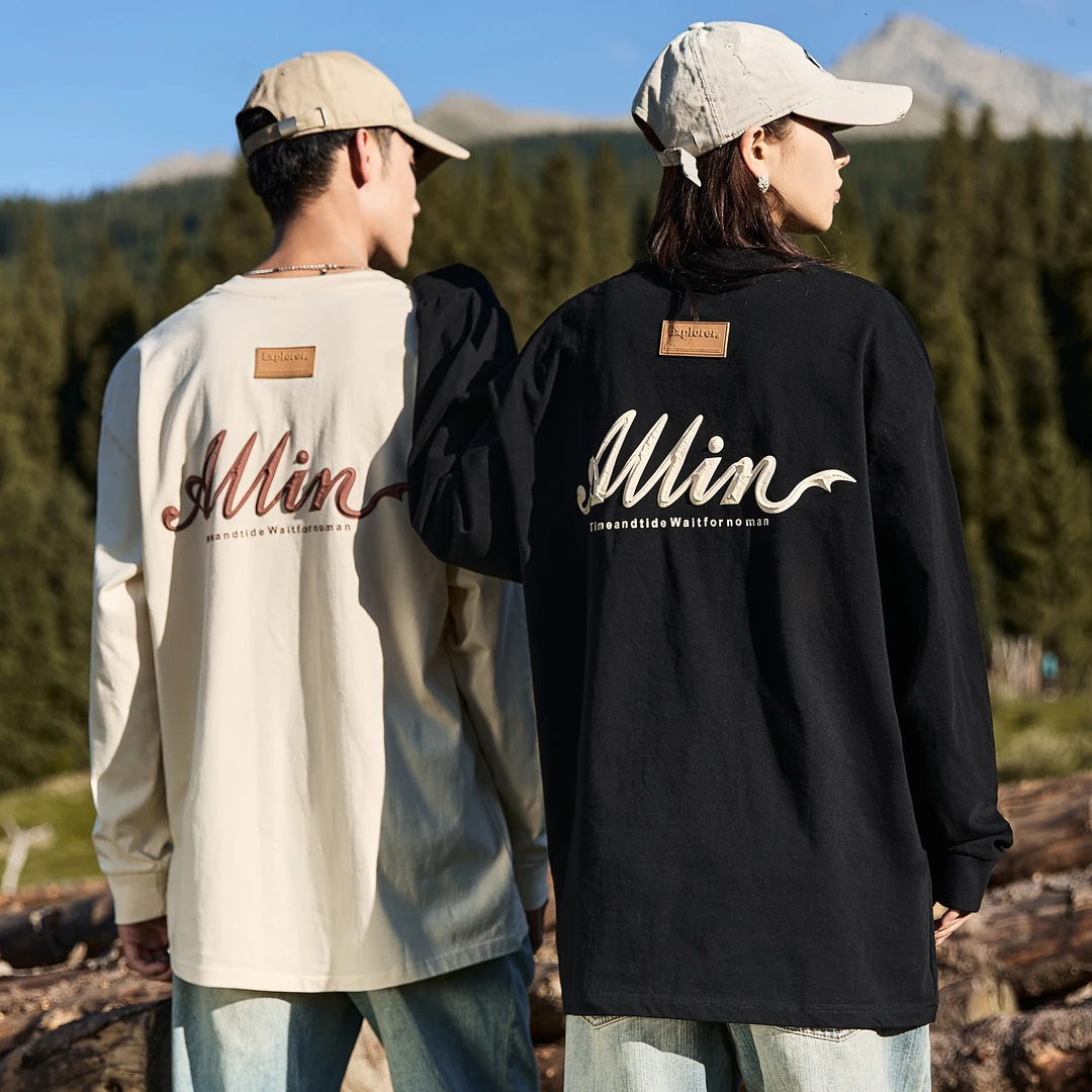 春秋新款高密重磅纯棉美式长袖t恤男士复古情侣打底衫圆领卫衣男