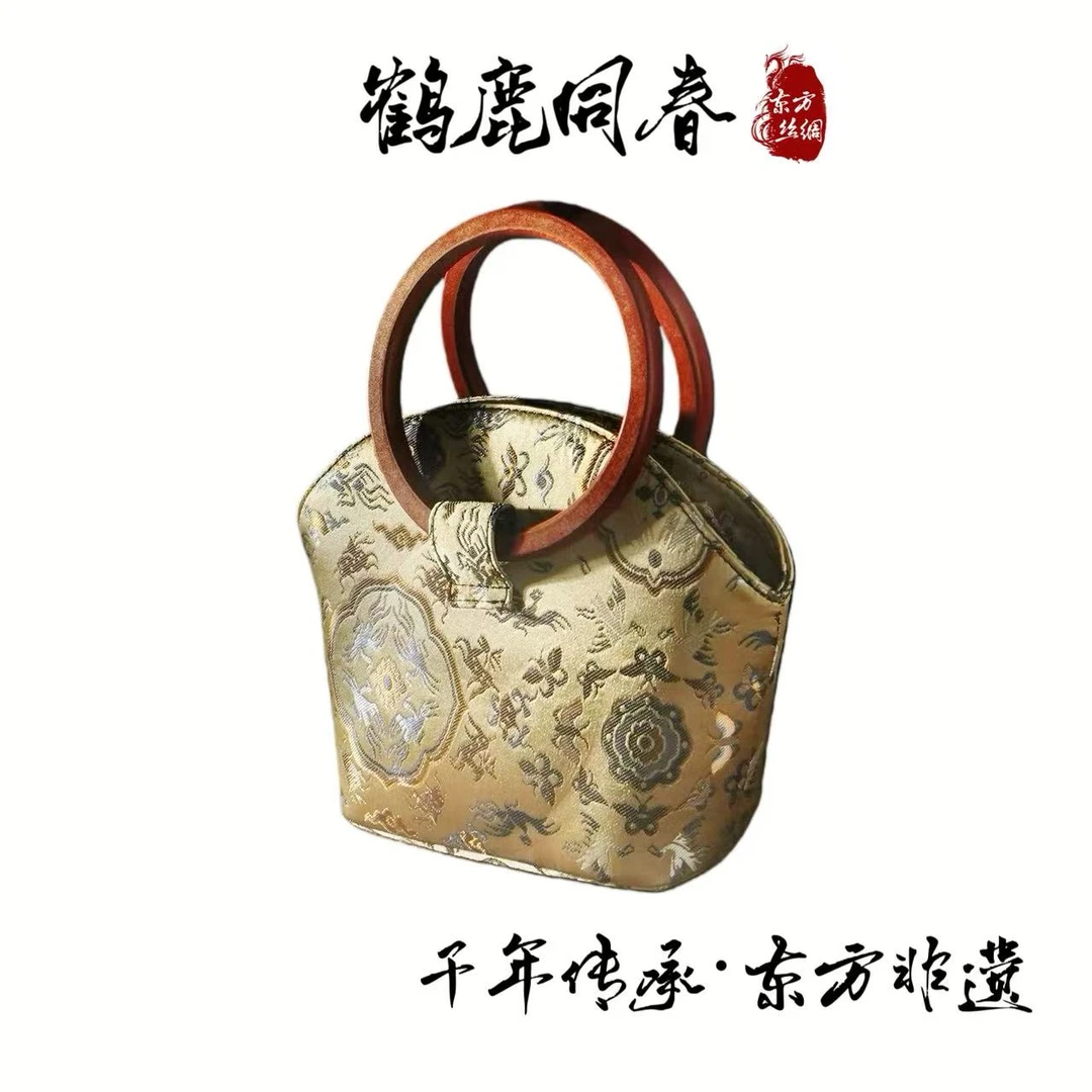 【鹤鹿同春】木柄手提包国风复古文艺女士手工设计时尚百搭25849