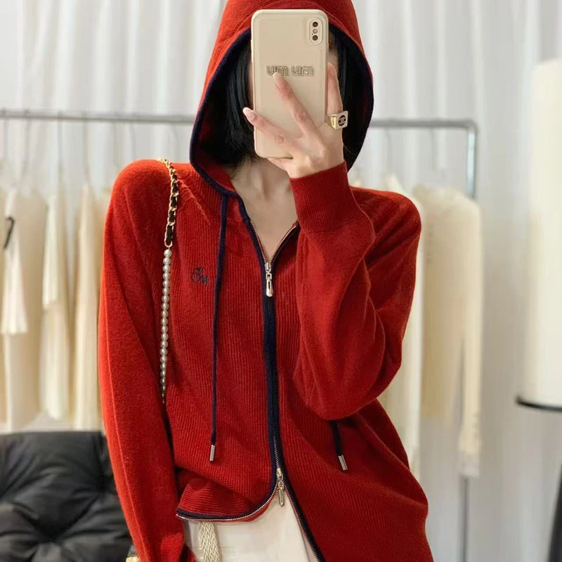 【香嘉怡新品】XJYE930女士上衣绵羊毛连帽开衫秋冬针织衫百搭时尚