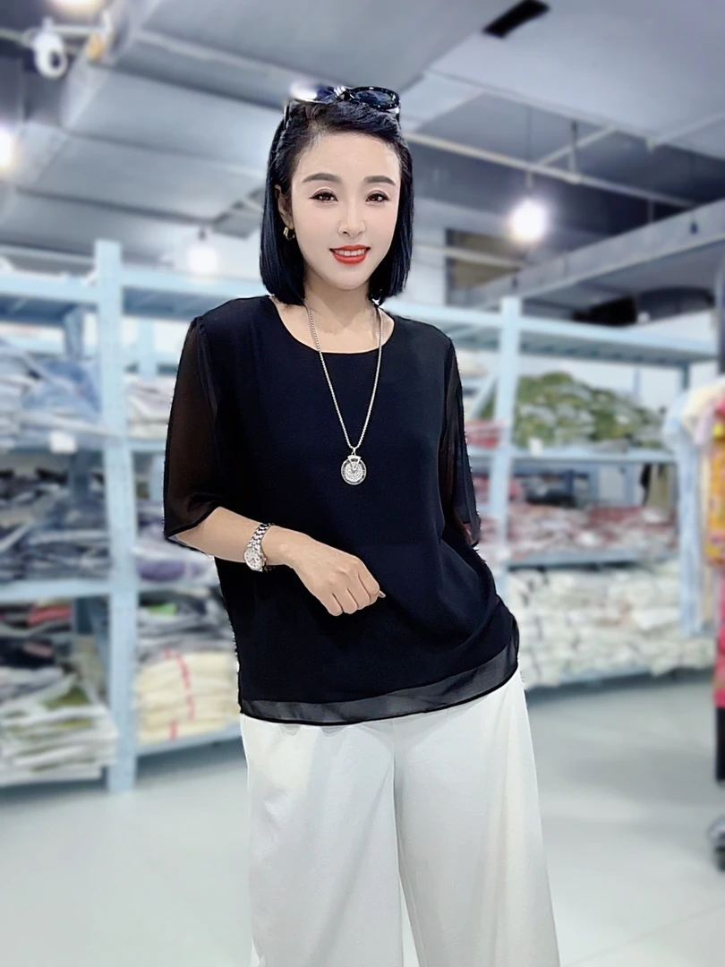 【思思精选】夏季爆款圆领洋气时尚百搭珍珠纱短袖