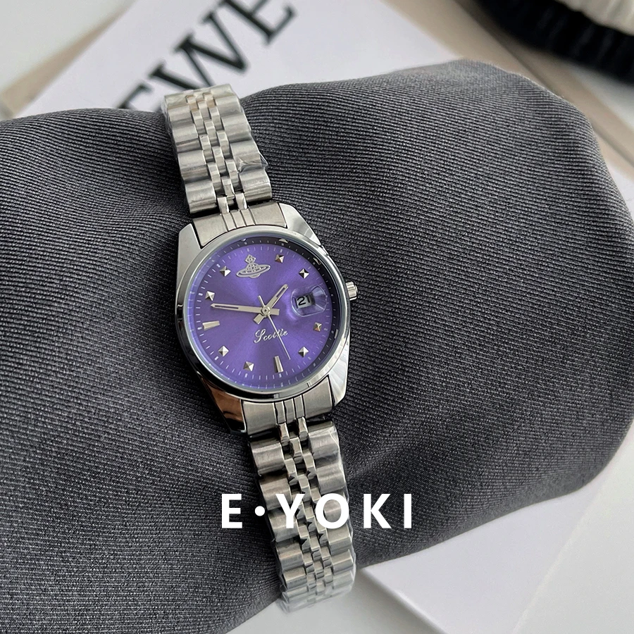 一柚七 紫色土星款圆形女士小众轻奢高级感女款钢带石英手表女405