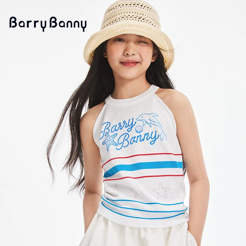 BarryBanny海洋背心米白色2025夏季新款女孩圆领短袖儿童宽松上衣