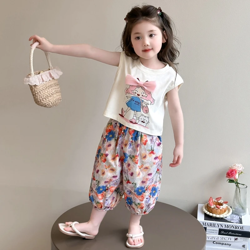 女童夏季无袖卡通套装2025新款儿童碎花防蚊裤宝宝公主薄款两件套