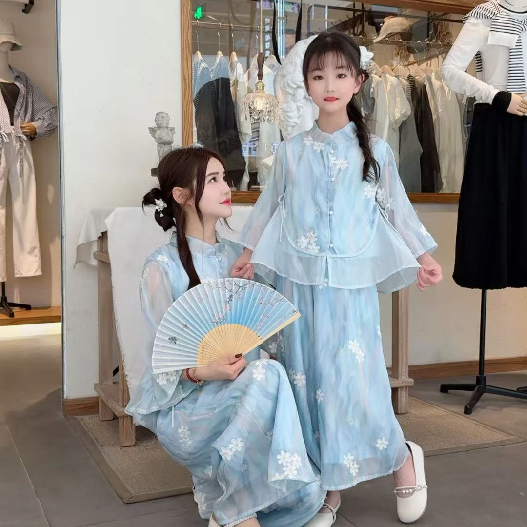 女童古风短袖九分裤套装2025新款新中式上衣古风超仙两件套夏装潮