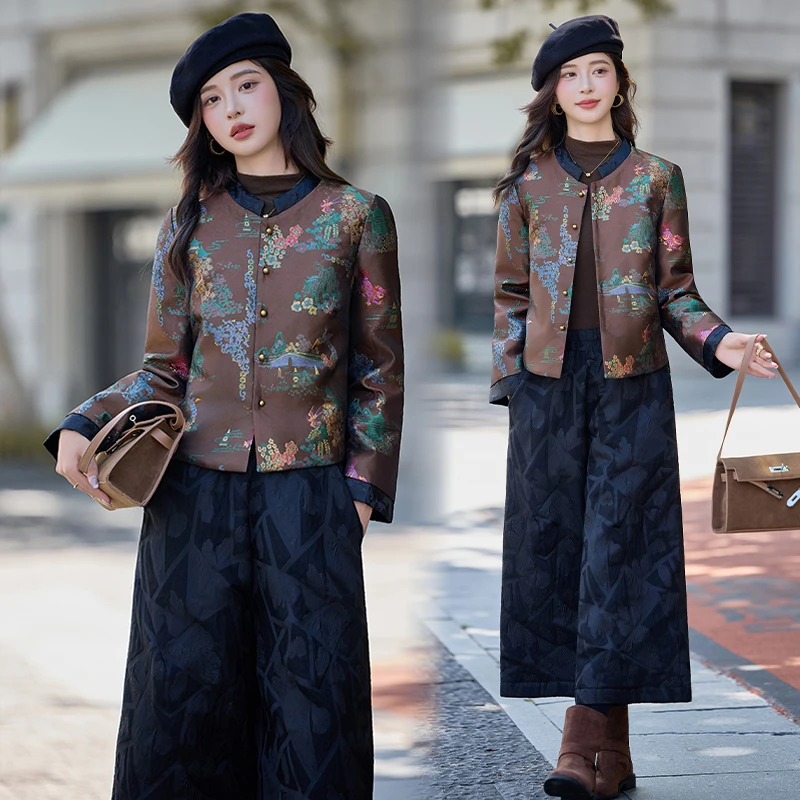 新中式国风轻薄羽绒服套装女2025春秋冬新款气质外套阔腿裤两件套