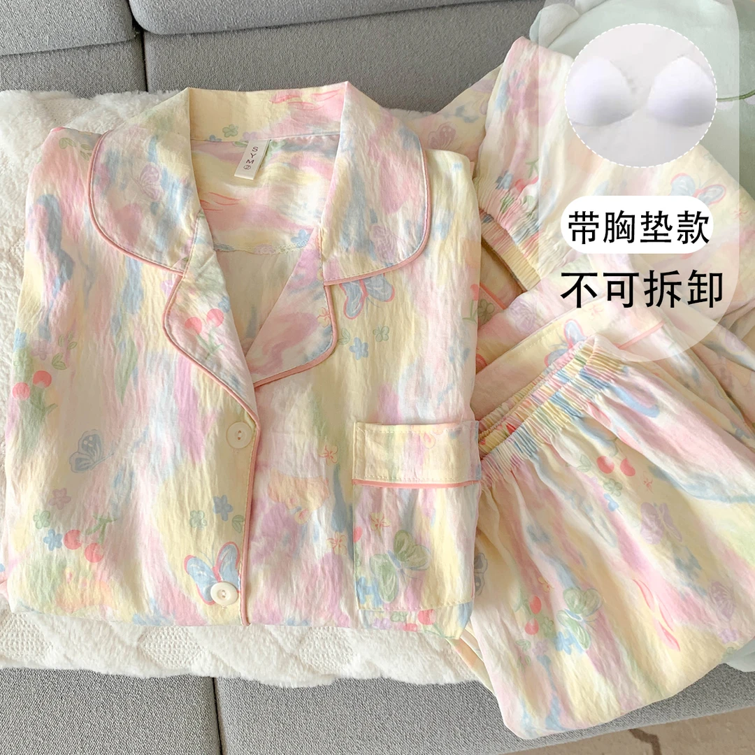 【胸垫版】高级晕染睡衣女款夏蝴蝶短袖薄款三件套宽松可外穿家居服