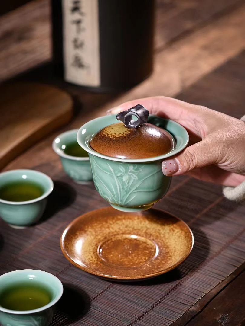 龙泉窑瓷器空谷幽兰 金兰套组 盖碗四杯套组