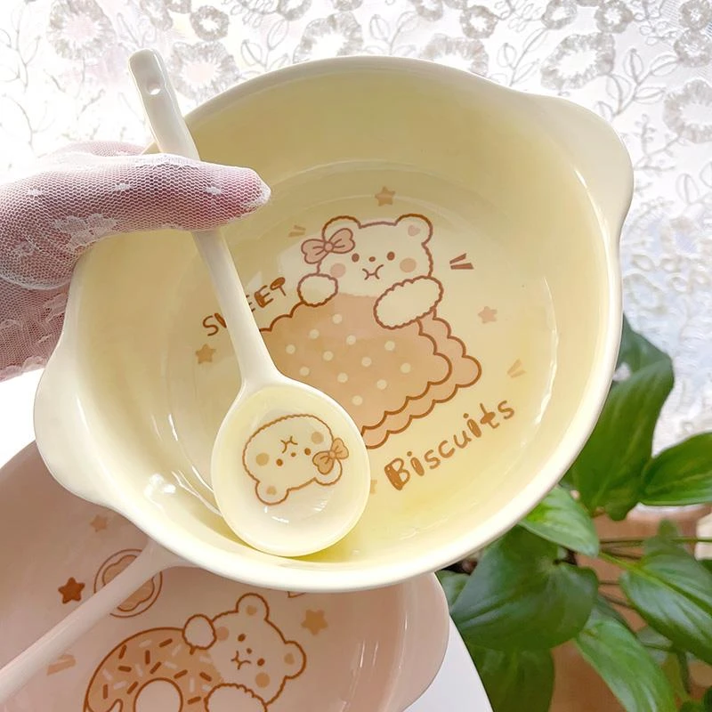 可爱软萌黄色粉色釉下彩高温瓷带勺双耳把手陶瓷碗汤碗汤碗 卡通