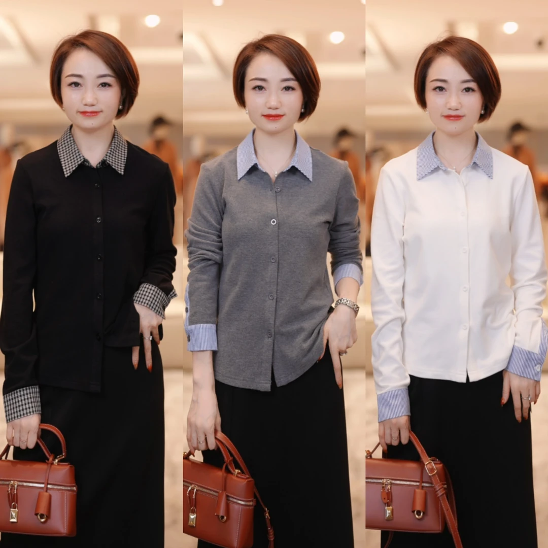 【发热女精英】靠谱之光 假两件条纹Polo领打底衣SE51510