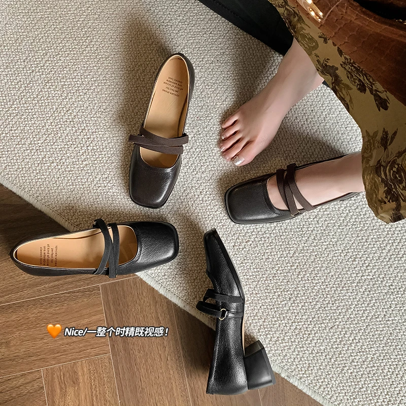 F2029-1/4cm头层牛皮方头中跟女鞋软底乐福鞋粗跟玛丽珍单鞋法式