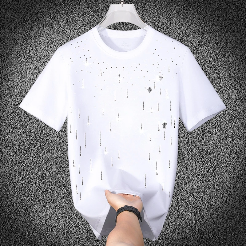 K8001轻奢男士棉T恤大牌风轻奢夏季冰感2025新款短袖烫钻潮牌时尚