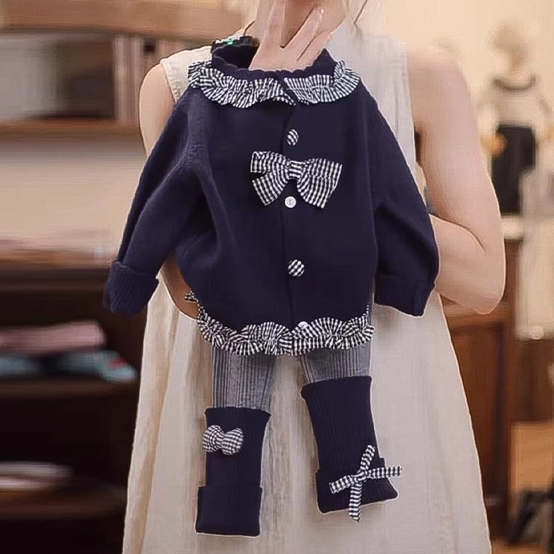 女童秋季蝴蝶结针织衫套装儿童韩版甜美格子女孩毛衣打底裤两件套