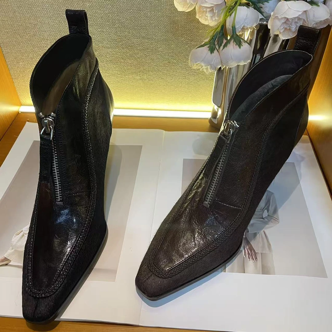 【Harvisss】2025冬季新款马毛拼接真皮羊皮软面气质女士短靴-6CM