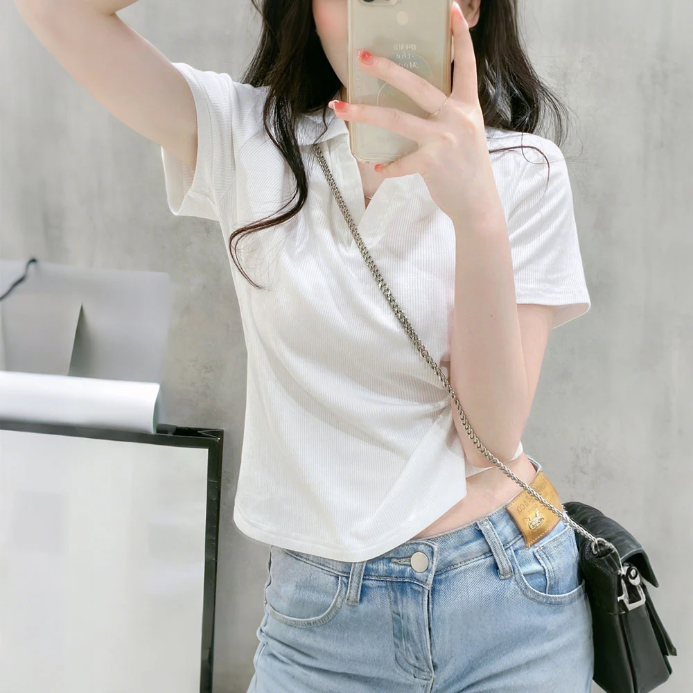 白色正肩螺纹棉短袖T恤女夏季新款高级感polo领甜辣修身短款上衣