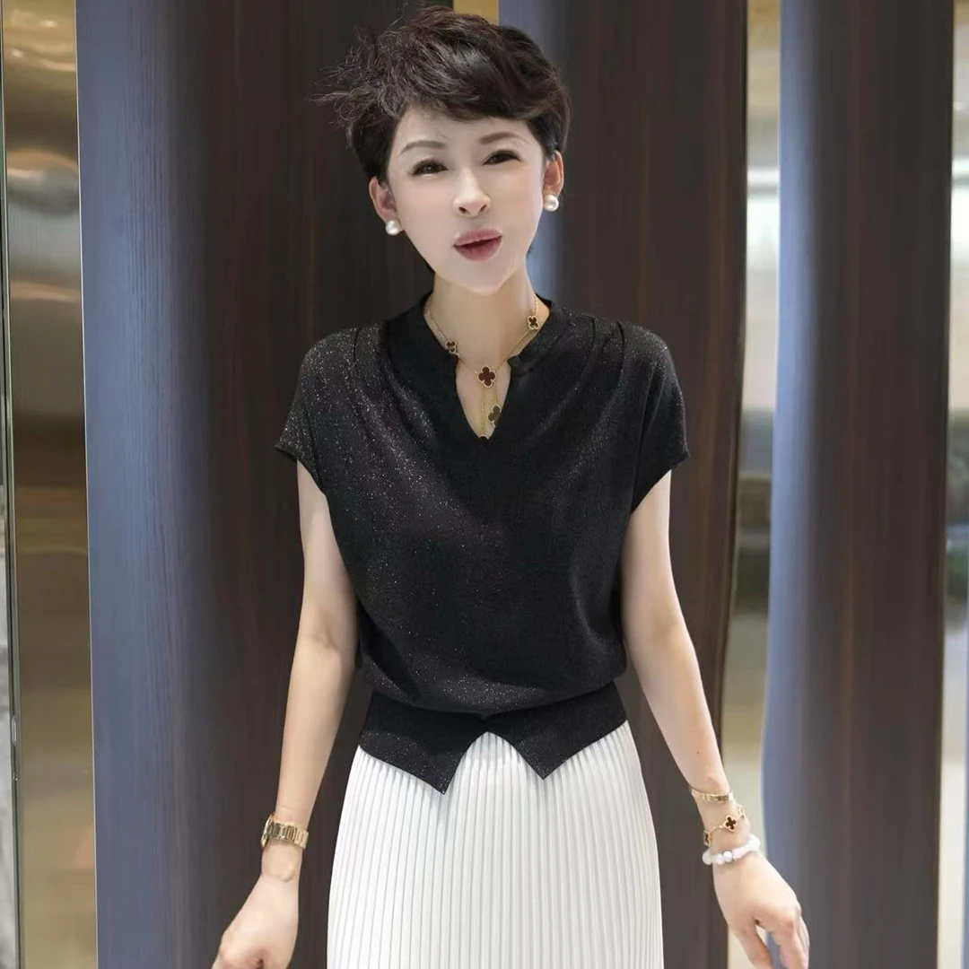 MINGGANG/名港【桑蚕丝+天丝】针织休闲百搭半袖V领T恤MG7129