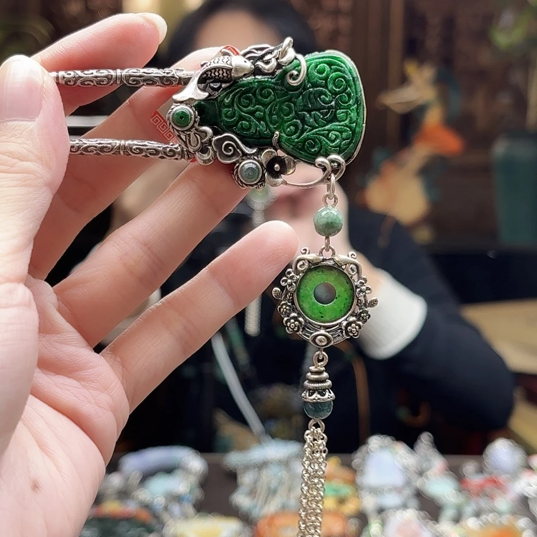 翡翠银S925镶嵌发簪发簪