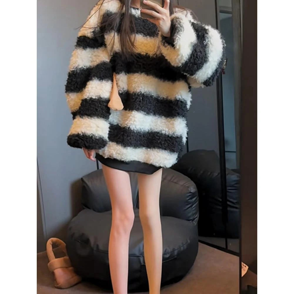 秋冬韩版慵懒风气质宽松显瘦圆领拼色女加绒女大帽子卫衣