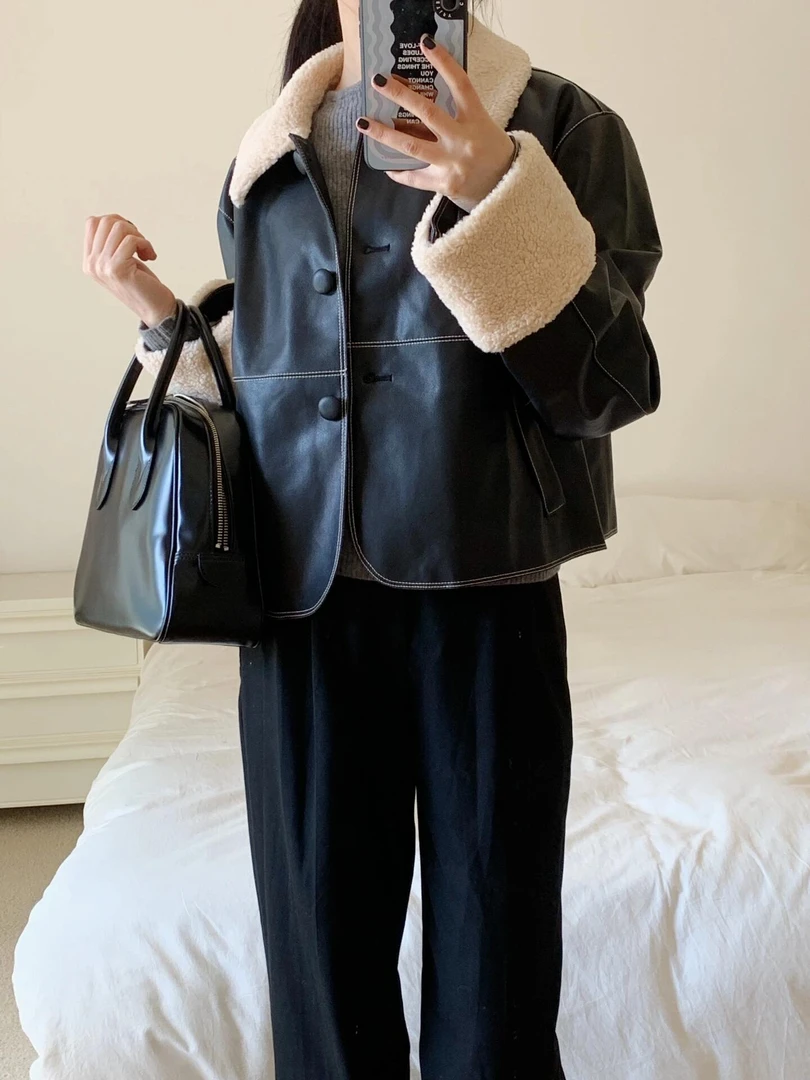 设计师品牌~2025春季新款非动物皮拼接环保夹克短款外套女