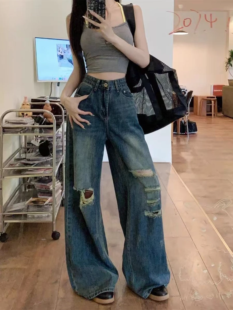 美式小个子复古蓝破洞牛仔裤女高腰加长显瘦垂感直筒宽松拖地裤子