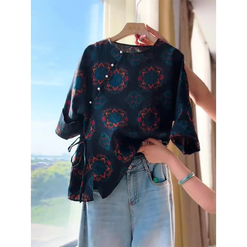 新中式国风复古高级感深蓝色上衣女2025夏季薄款轻奢典雅印花中袖