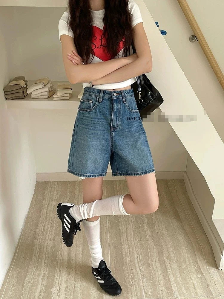 HYY 1533 A字版型短裤 毛边蓝色中裤 高腰遮胯神裤！！